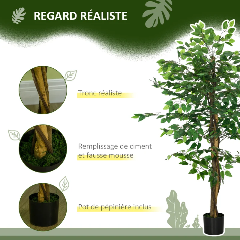 Plante artificielle ficus décor salon 150 x 15 x 12.5 cm grand réalisme sans entretien contemporain en plastique vert 21_0001309