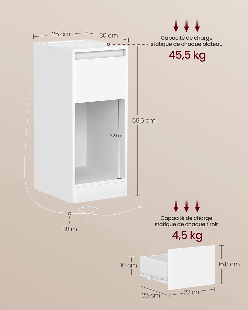 Table d'appoint étroite avec tiroir et éclairage LED 30 x 25 x 59,5 cm pour chambre salon en aggloméré jaune amande 12_0012868