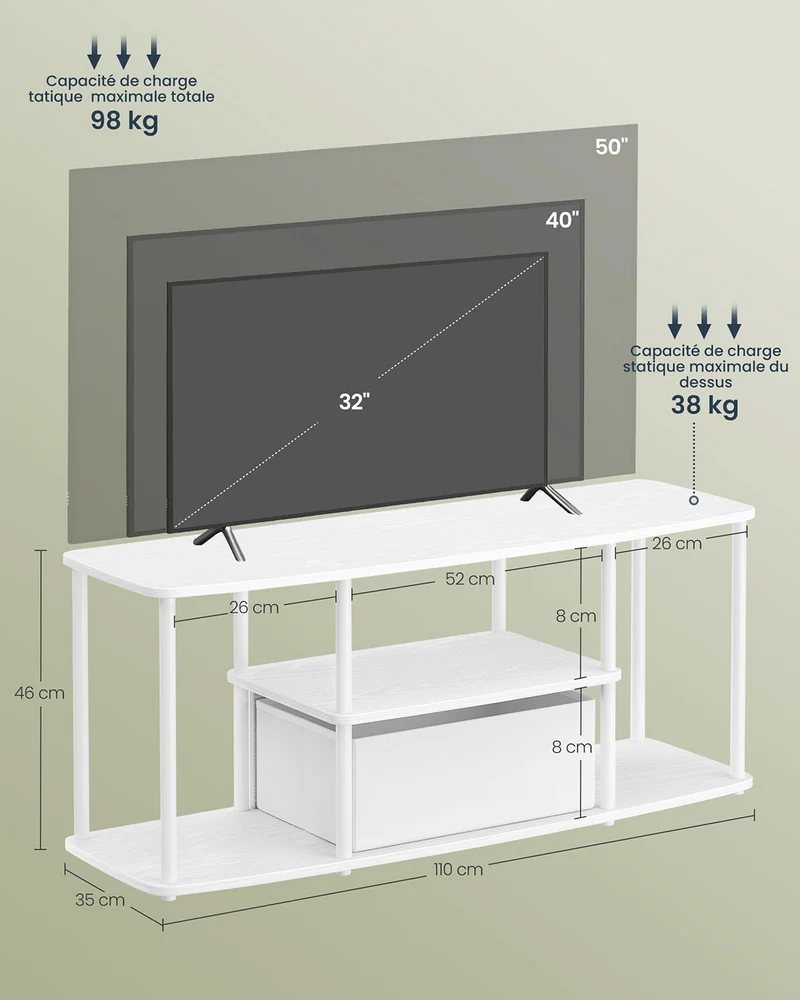 Meuble TV buffet bas pour téléviseurs jusqu'à 50 pouces 110 x 35 x 46 cm avec étagères style moderne en aggloméré blanc neige 12_0012853
