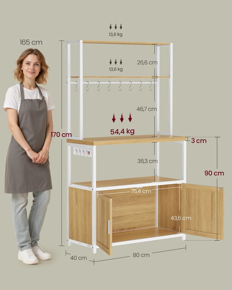 Étagère de cuisine avec support pour micro-ondes 40 x 80 x 170 cm pratique et robuste style rustique en aggloméré doré chêne 12_0012130