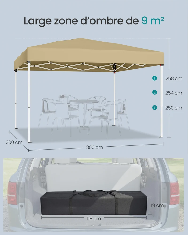Tonnelle pliable 3 x 3 m protection solaire jardin cour réglable 250 x 254 x 258 cm en plastique beige 12_0012734