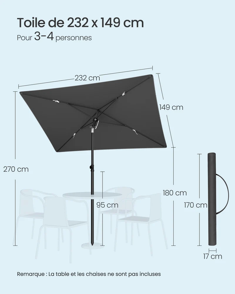 Parasol rectangulaire pliable extérieur 232 x 149 x 270 cm protection UPF 50+ jardin terrasse en polyester gris 12_0012599