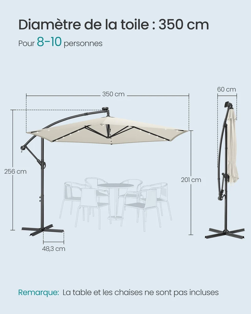 Parasol déporté jardin terrasse plage protection solaire 350 cm en polyester beige 12_0012413