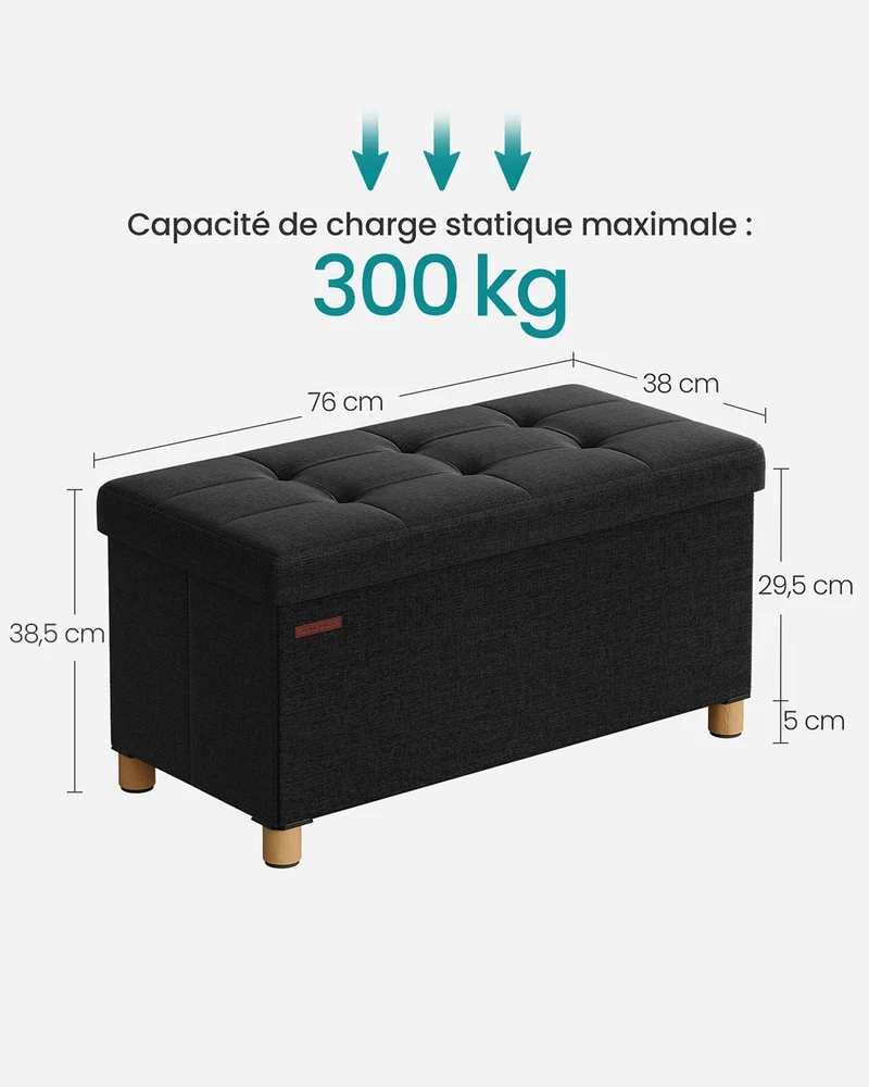 Lot de 1 pouf coffre de rangement pliable 38 x 76 x 40 cm assise confortable style contemporain en MDF noir 12_0010538