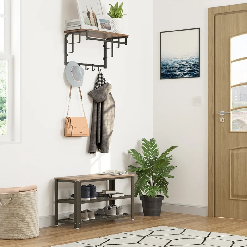Banc à chaussures style industriel avec 2 étagères pour 6 à 8 paires 73 x 30 x 45 cm en aggloméré noir 12_0008577