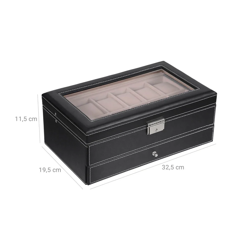 Boîte à montre design moderne 32,5 x 19,5 x 11,5 cm pour 12 montres compartiments bijoux en PU noir 12_0008574