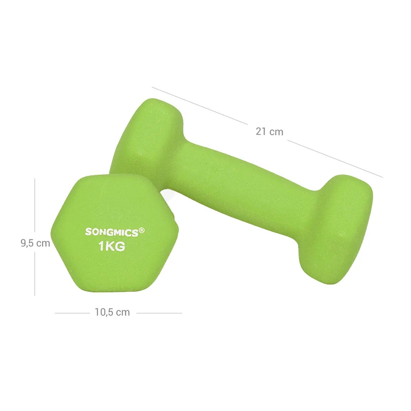 Set haltère 3 paires 2x1 kg 2x2 kg 2x3 kg rack de rangement offert salle de sport musculation entraînement revêtement en néoprène antiglisse vert vif turquoise et gris 12_0007400