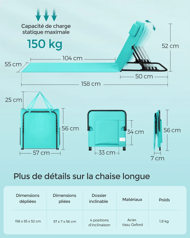 Chaise longue transat de plage bain de soleil dossier inclinable portable avec bandoulières pour camping jardin piscine 158 x 55 cm 12_0004957