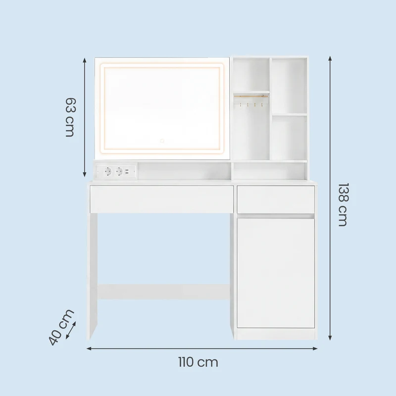 Coiffeuse moderne avec miroir lumineux rangement bijoux 40 x 110 x 138 cm en MDF blanc nuage 12_0013203