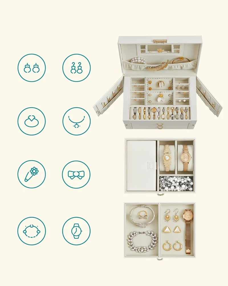 Boîte à bijoux élégante avec mini-boîte rangement 18,2 x 26 x 17,4 cm en PU blanc 12_0012552