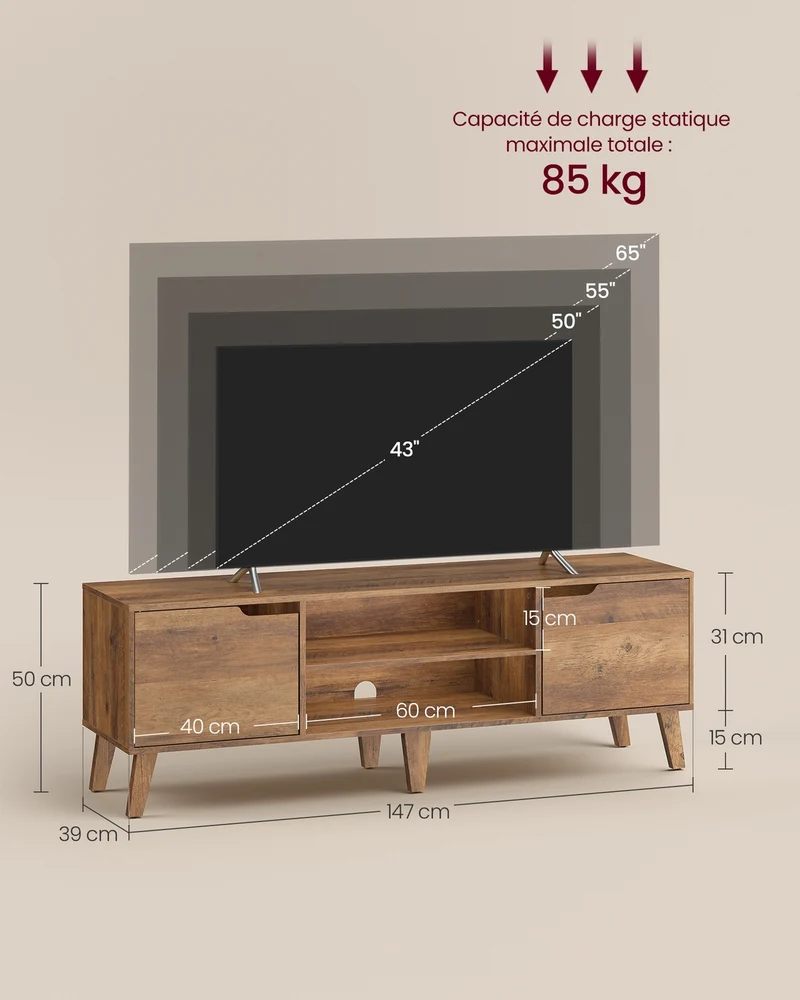Meuble TV avec étagère réglable salon 147 x 39 x 50 cm design contemporain ambiance cosy en aggloméré marron miel 12_0012344