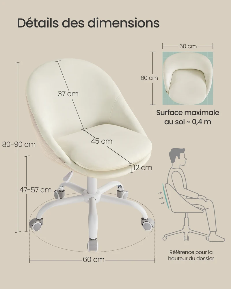 Chaise de bureau réglable confort ergonomique 60 x 60 x 90 cm design moderne salle de réunion en velours blanc crème 12_0010305