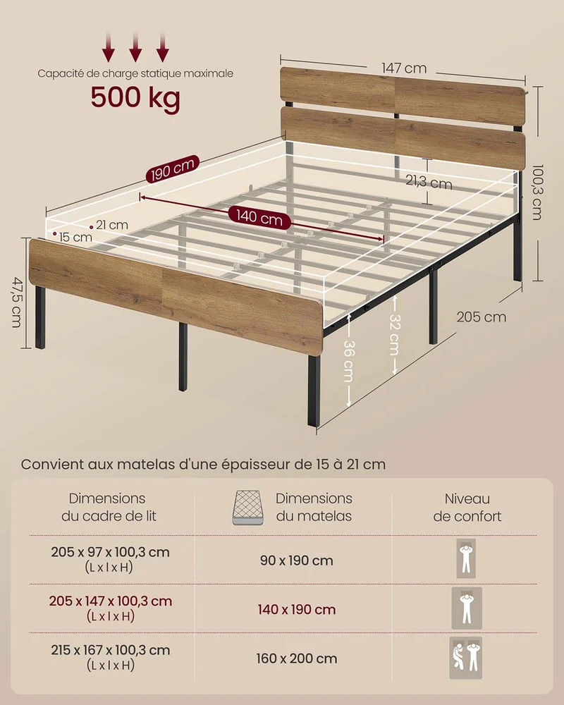 Lit 1 personne avec rangement sous le sommier 205 x 147 x 100,3 cm style industriel ambiance cosy en panneau d'aggloméré marron 12_0012182
