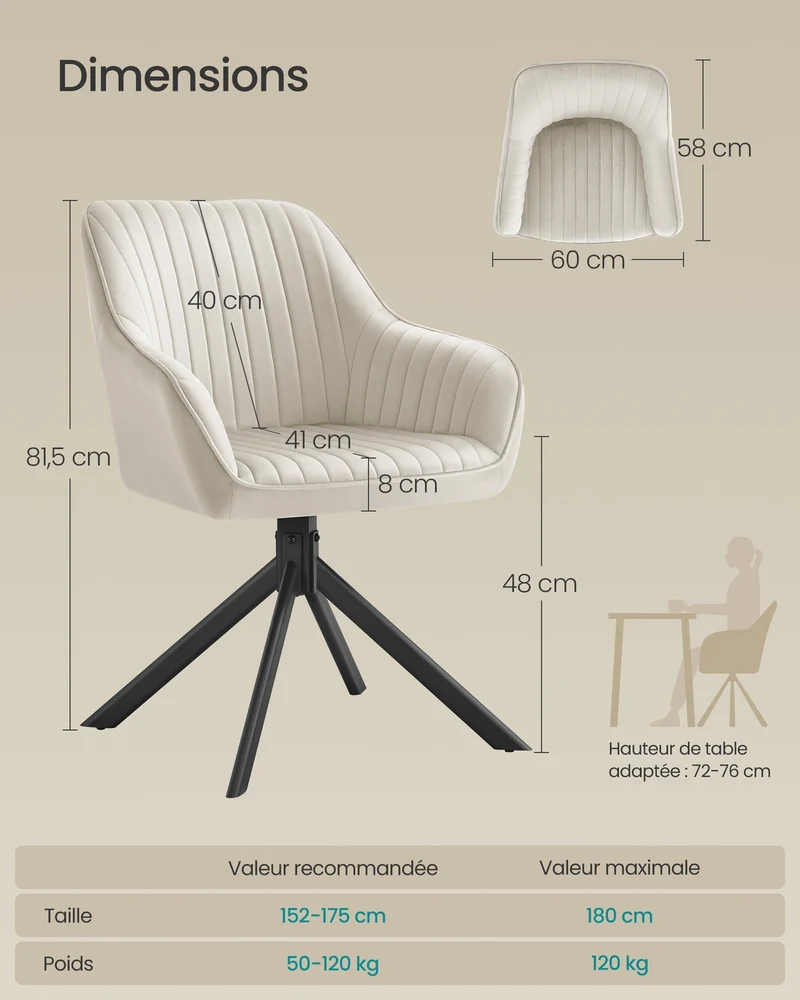Chaise de salle à manger pivotante rembourrée avec accoudoirs 58 x 60 x 81,5 cm design contemporain en velours marron caramel 12_0012295