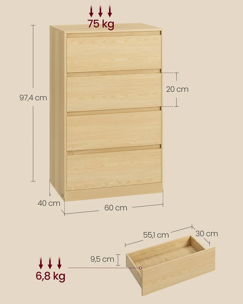 Commode de rangement moderne 40 x 60 x 97,4 cm avec 4 tiroirs pratique style épuré en panneau aggloméré beige chêne 12_0012111