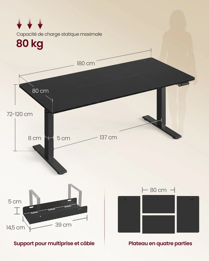 Bureau électrique réglable en hauteur 180 x 80 cm fonction mémoire 3 hauteurs avec port USB-C style contemporain en panneau d'aggloméré noir 12_0013048