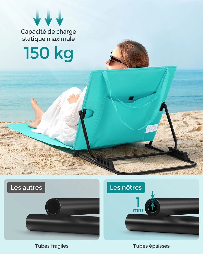Chaise longue transat de plage bain de soleil dossier inclinable portable avec bandoulières pour camping jardin piscine 158 x 55 cm 12_0004960