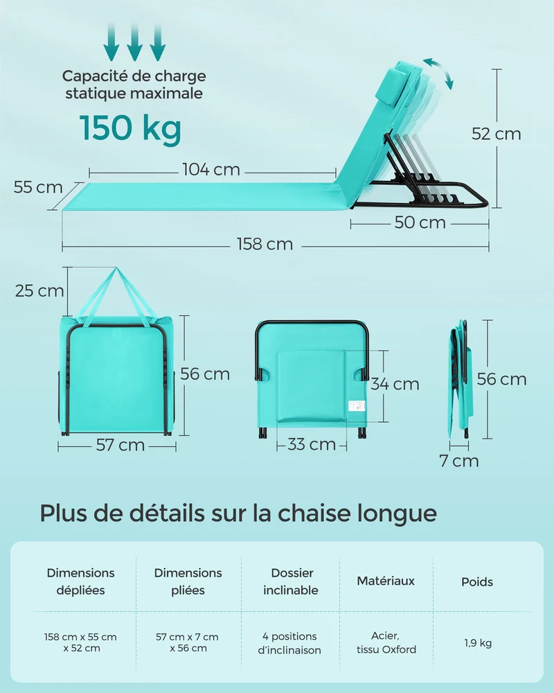 Chaise longue transat de plage bain de soleil dossier inclinable portable avec bandoulières pour camping jardin piscine 158 x 55 cm 12_0004960