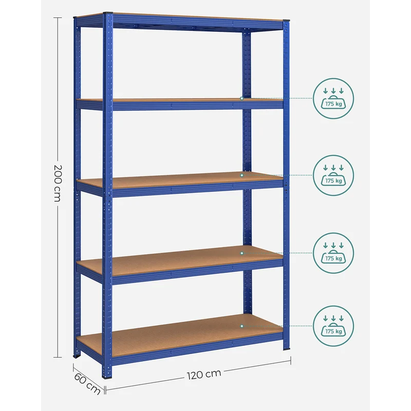 Étagère de rangement à 5 niveaux pour garage 200 x 120 x 60 cm capacité 875 kg structure robuste design contemporain en acier noir 12_0010950
