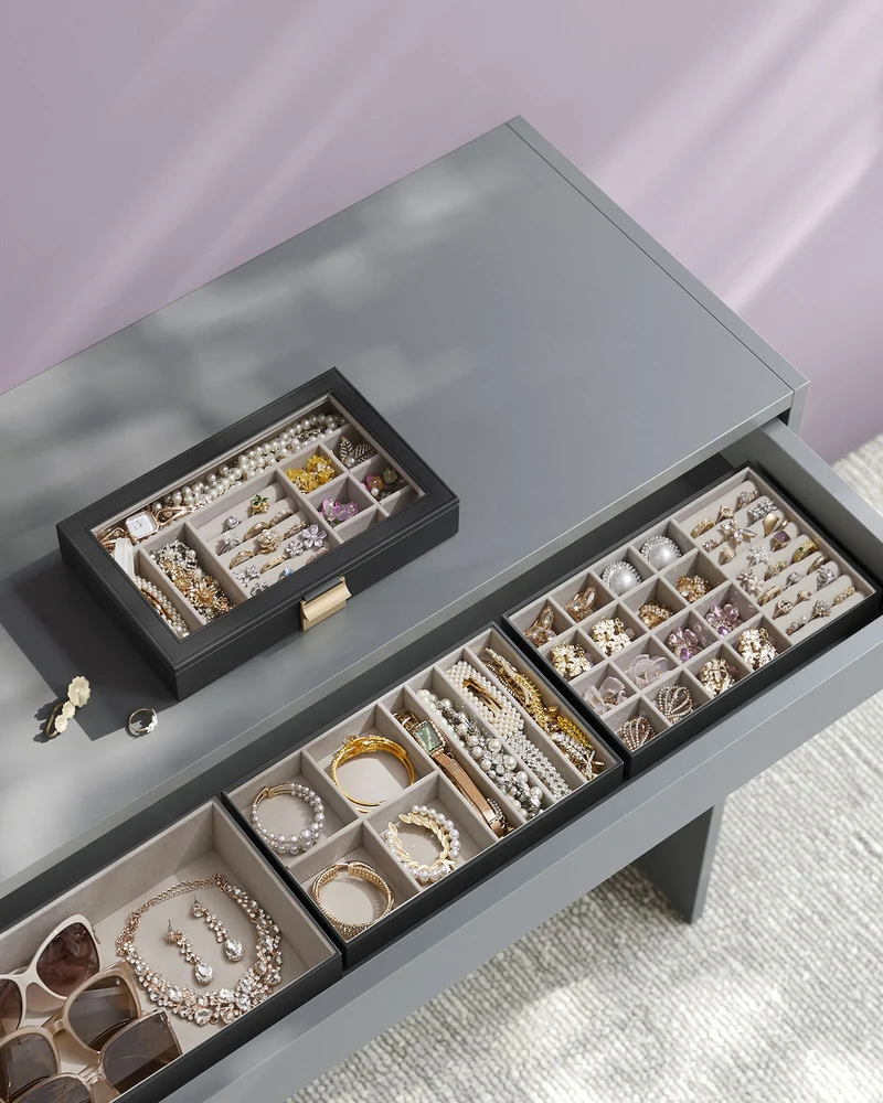 Boîte à bijoux avec 4 plateaux empilables pratique pour tiroir coiffeuse 17 x 28 x 18,3 cm en MDF noir 12_0010589