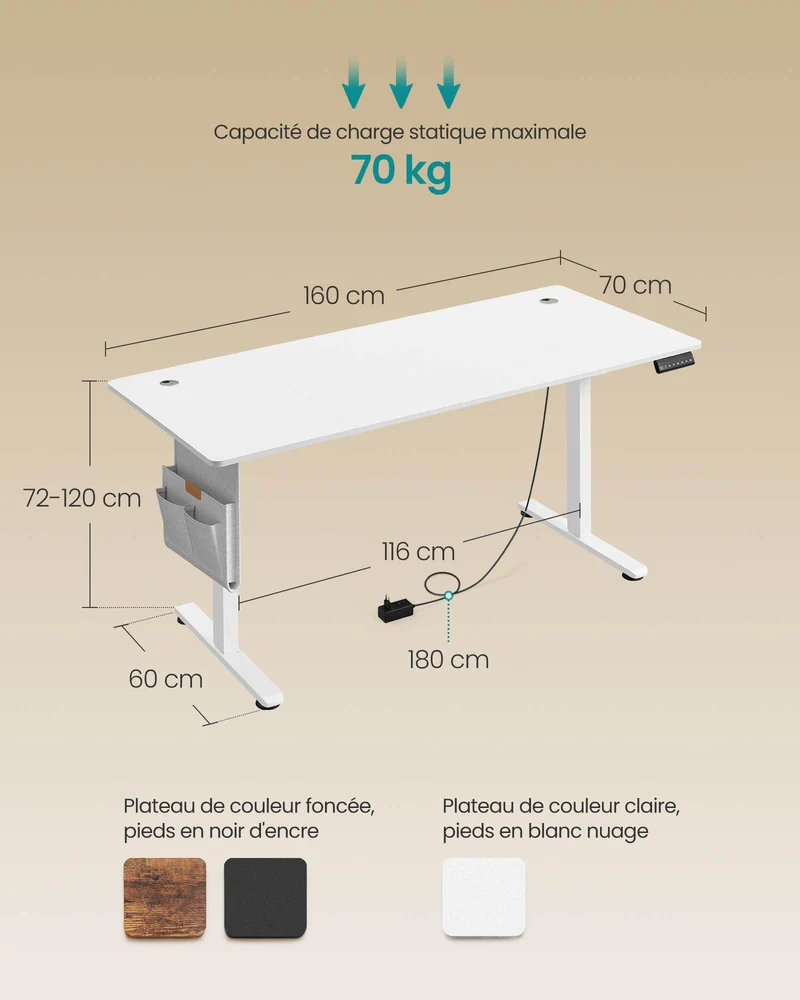 Bureau électrique assis-debout réglable en hauteur 70 x 160 x 72-120 cm 4 hauteurs mémorisables design moderne en aggloméré blanc 12_0011811