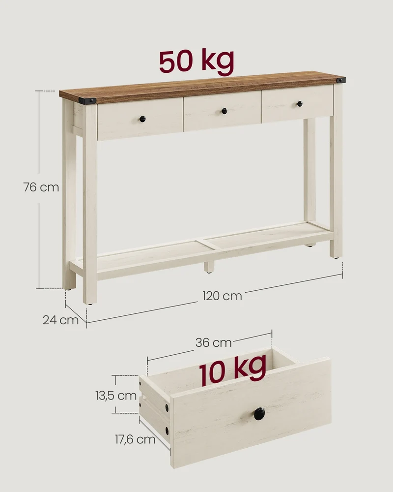 Table console rectangulaire rangement 24 x 120 x 76 cm 3 tiroirs style campagnard finition rustique en MDF blanc 12_0011572