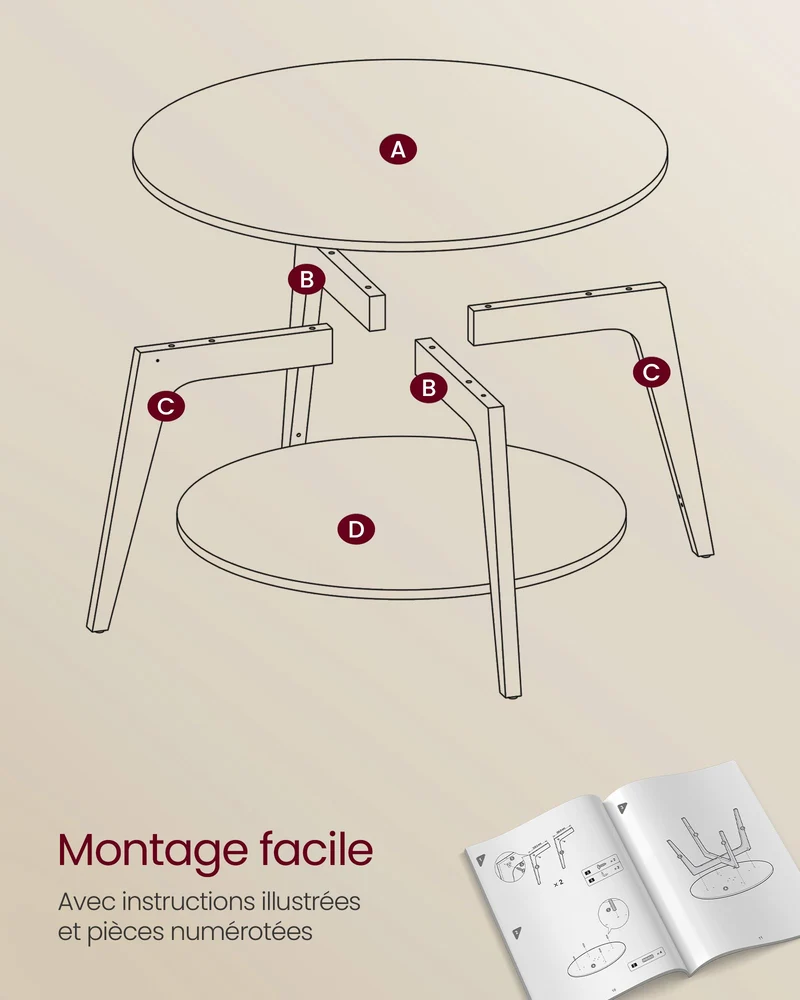Table basse ronde design contemporain salon 80 x 45 cm capacité 30 kg en panneau MDF marron miel 12_0011516