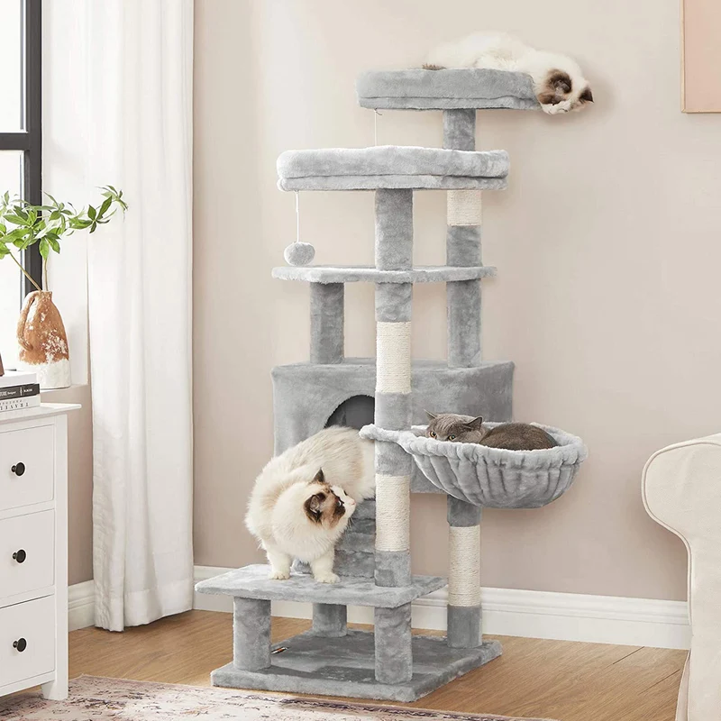 Arbre à chat tour de jeux avec hamac et plateformes 50 x 45 x 142 cm ambiance cosy en aggloméré gris clair 12_0010649