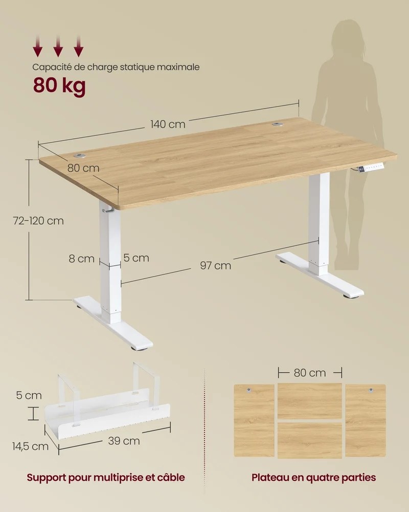 Bureau électrique réglable en hauteur 140 x 80 cm avec port USB-C fonction mémoire 3 hauteurs style rustique en aggloméré chêne naturel 12_0013042