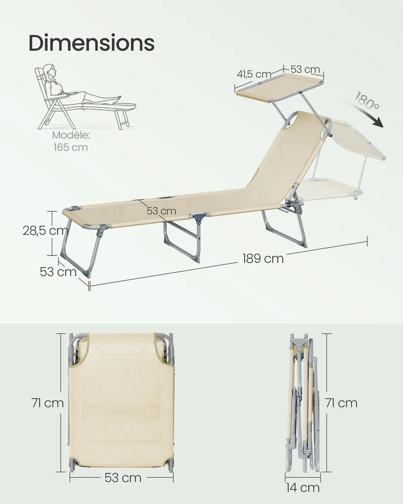 Lot de 2 chaises longues pliantes transat jardin extérieur 189 x 53 x 28,5 cm confort et dossier réglable en plastique beige 12_0012439