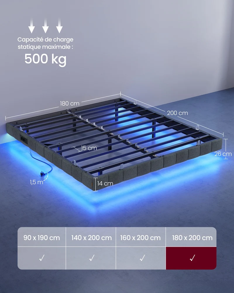 Lit flottant contemporain avec éclairage LED 200 x 180 x 26 cm ambiance cosy en mousse gris ardoise 12_0012983
