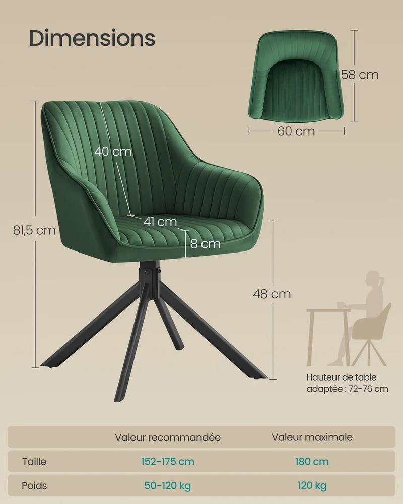 Chaise de salle à manger pivotante confort ergonomique 58 x 60 x 81,5 cm en velours noir d'encre 12_0012546