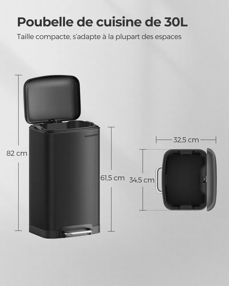 Poubelle de cuisine à pédale 34,5 x 32,5 x 61,5 cm design moderne pratique 30 L en acier inoxydable noir 12_0008510