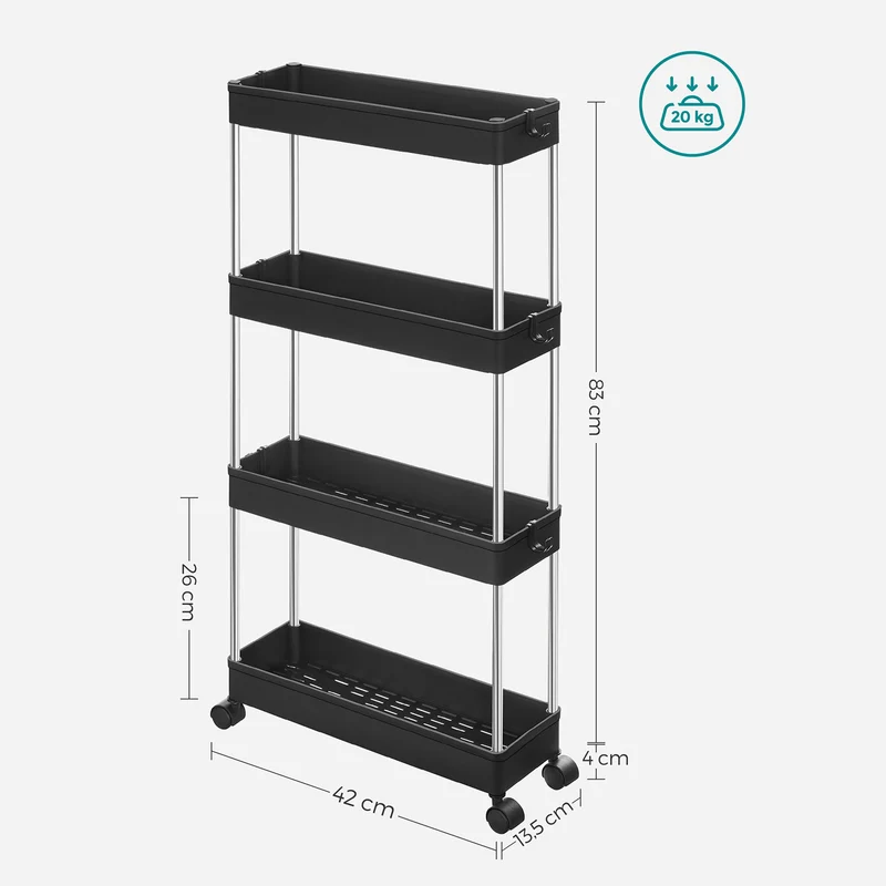 Chariot de rangement mobile sur 4 niveaux étagère sur roulettes pour salle de bain et cuisine étroites 40 x 13.5 x 86 cm blanc ksc08wt 12_0005021