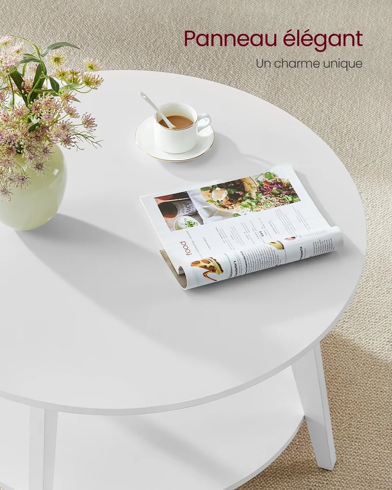 Table basse ronde design moderne 80 x 45 cm usage salon deux niveaux en aggloméré blanc nuage 12_0011765