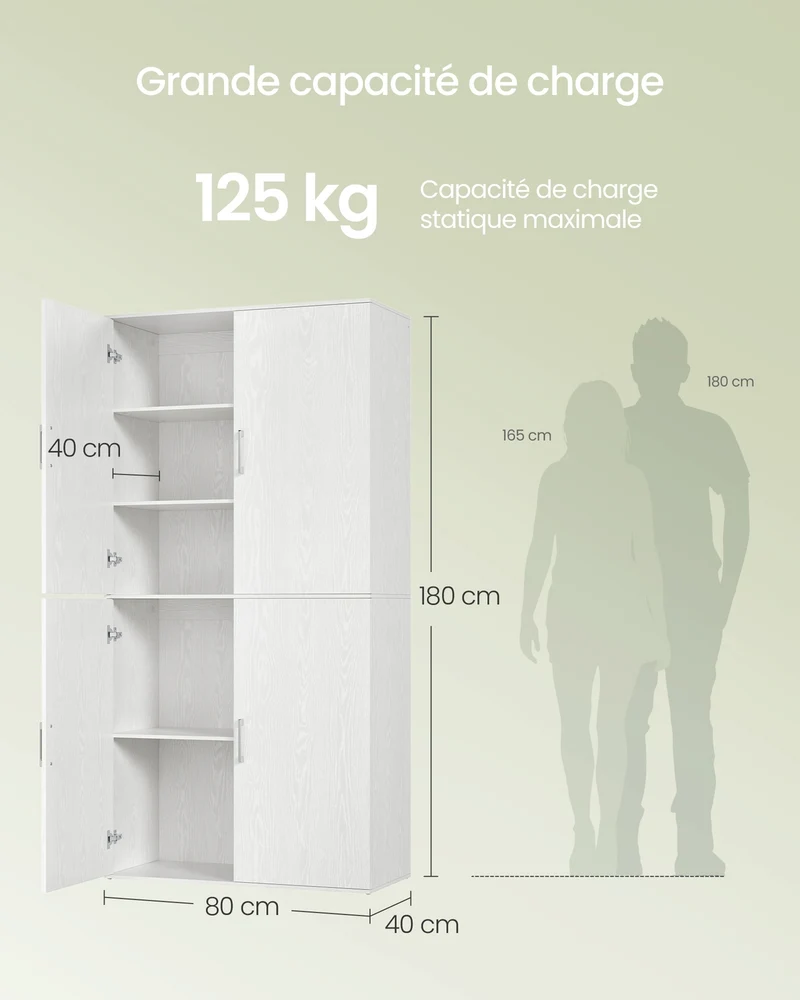 Placard multifonction 80 x 40 x 180 cm 4 portes 5 niveaux rangement bureau design contemporain en aggloméré blanc neige 12_0012503
