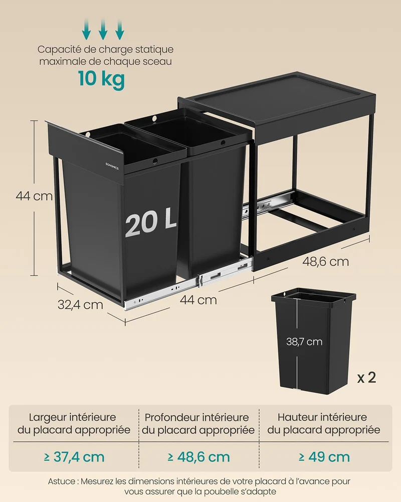 Poubelle de tri sélectif extractible coulissante 48,6 x 32,4 x 44 cm 2 seaux 20 L en acier noir d'encre 12_0013044