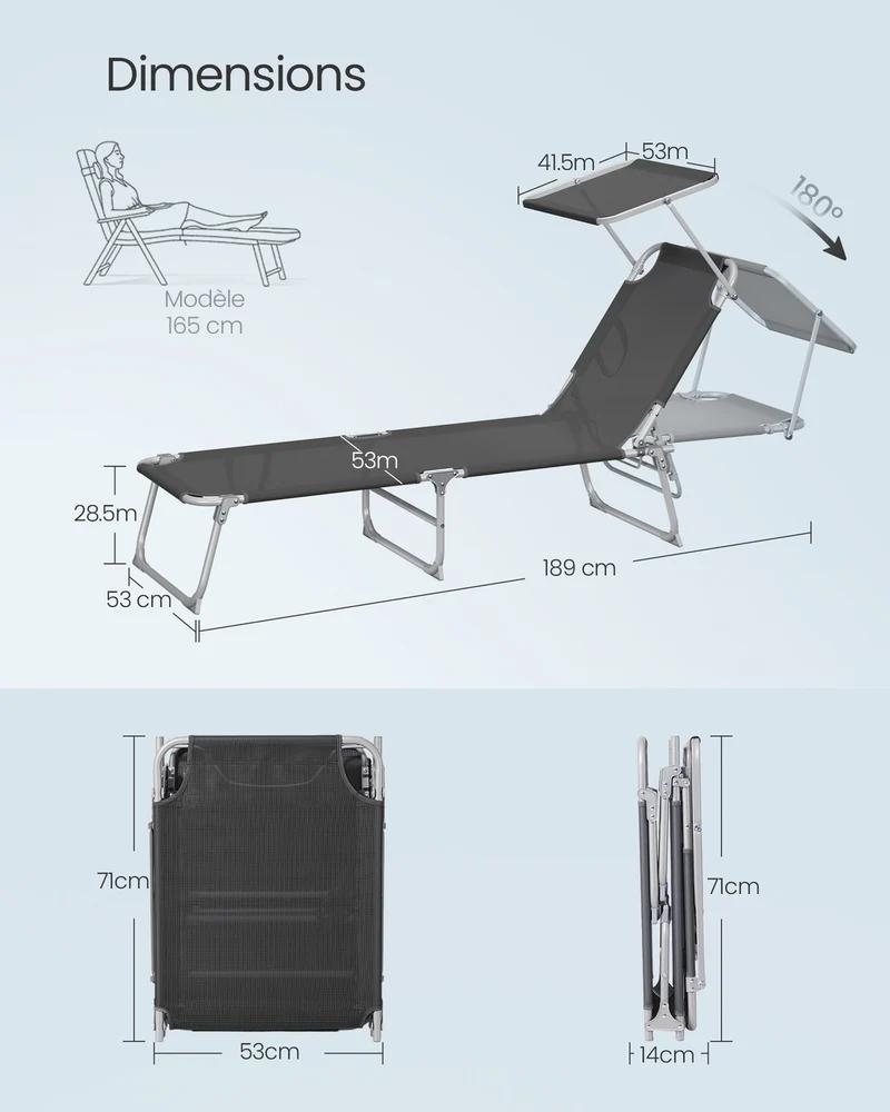 Chaise longue pliante transat extérieur réglable dossier et pare-soleil 189 x 53 x 28,5 cm en plastique noir 12_0012088