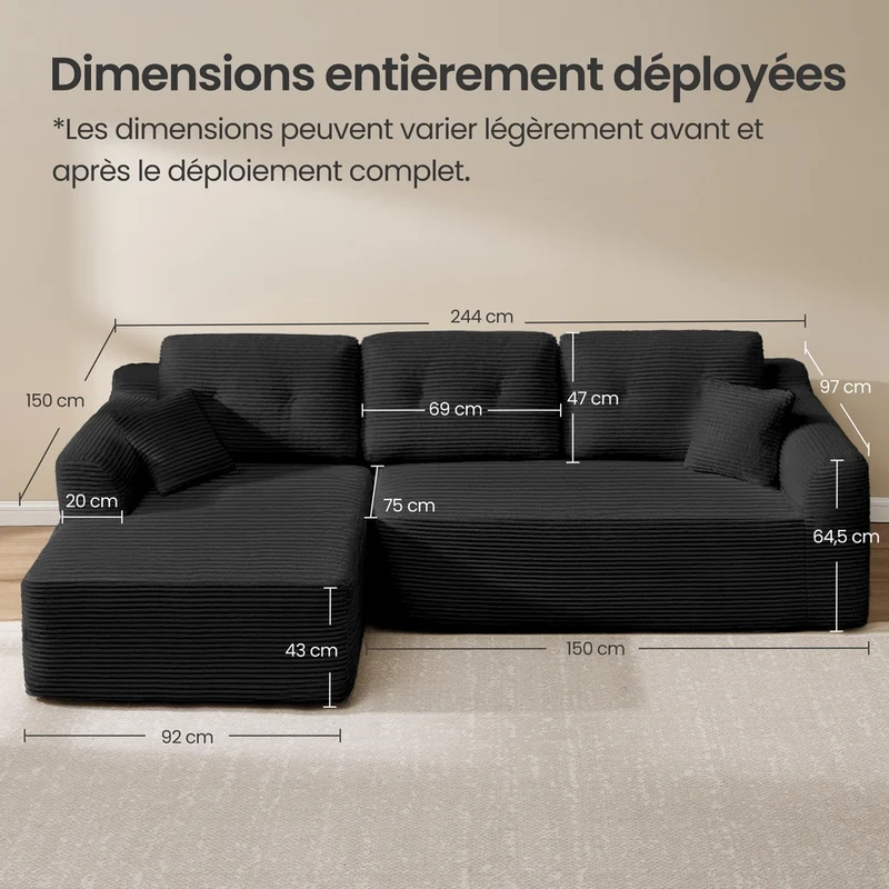Canapé d'angle modulable avec grande méridienne 150 x 244 x 73 cm confort optimal style contemporain en velours noir 12_0012423