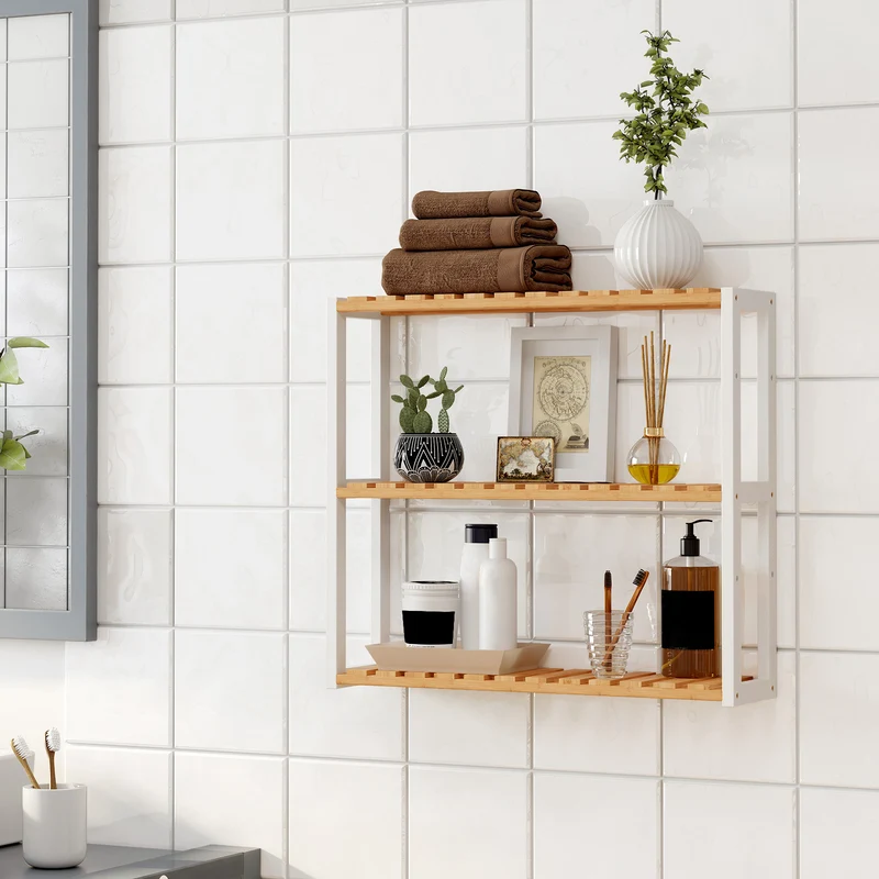 Étagère murale en bambou naturel 60 x 15 x 54 cm pour salon salle de bain rangement esthétique en bambou beige 12_0008745