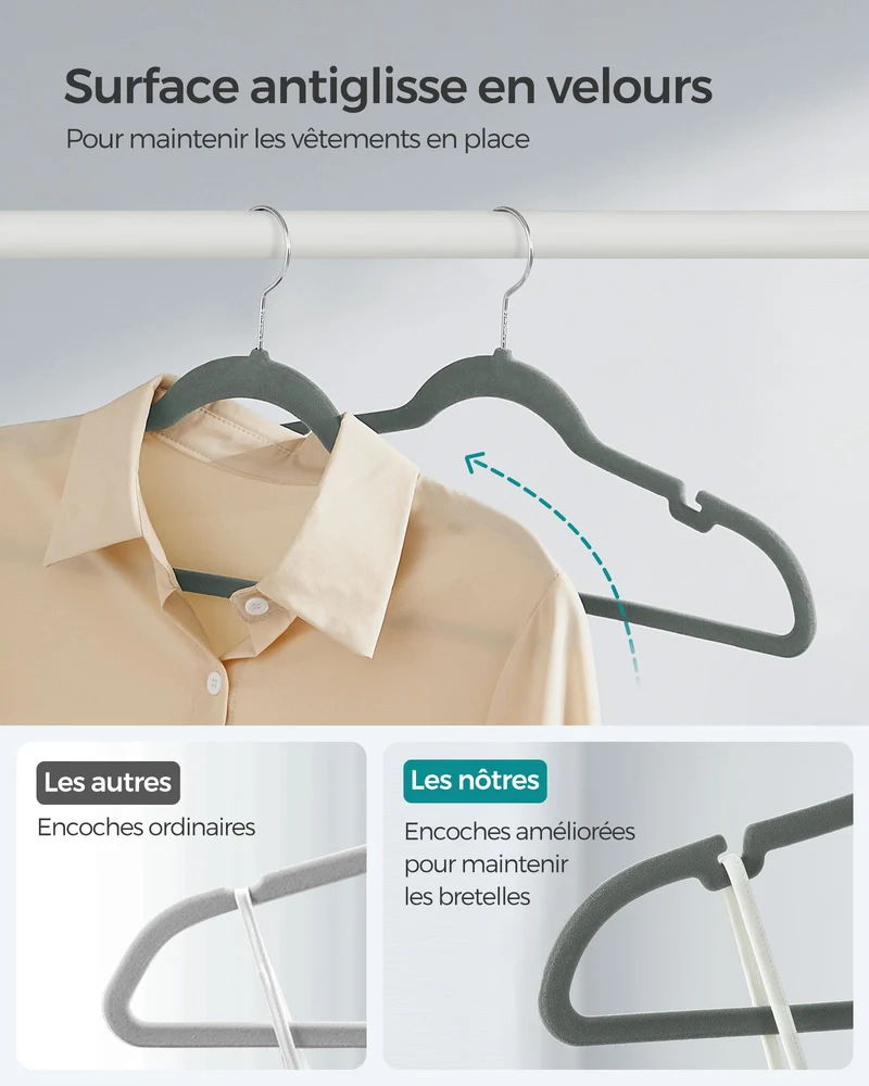 Lot de 30 cintres antiglisse avec encoches et barre pour pantalons 43 x 22 cm en velours gris 12_0010875