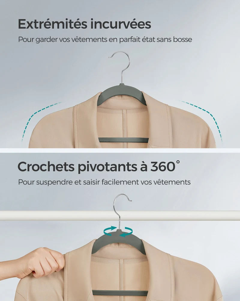 Lot de 30 cintres antiglisse avec encoches et barre pour pantalons 43 x 22 cm en velours gris 12_0010875