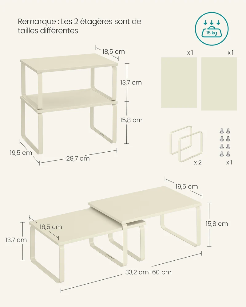 Lot de 2 étagères à épices empilables cuisine 19,5 x 29,7 x 15,8 cm et 18,5 x 29,7 x 13,7 cm en métal blanc crème 12_0012410