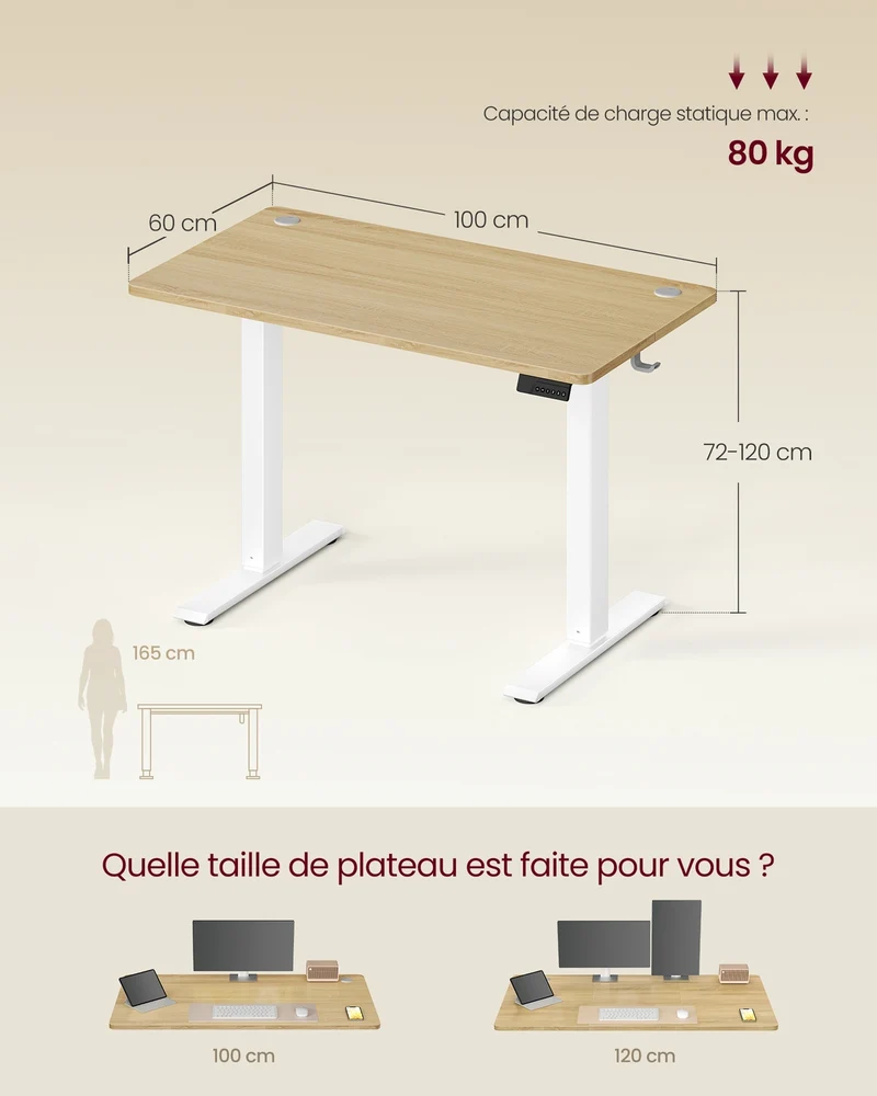 Bureau électrique réglable assis-debout 100 x 60 cm avec fonction mémoire 4 hauteurs style contemporain en aggloméré doré 12_0012277