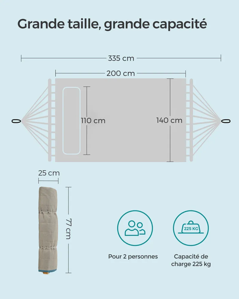 Hamac double rembourré avec barres de protection incurvées amovibles 200 x 140 cm usage extérieur confort ergonomique en polyester crème 12_0009200