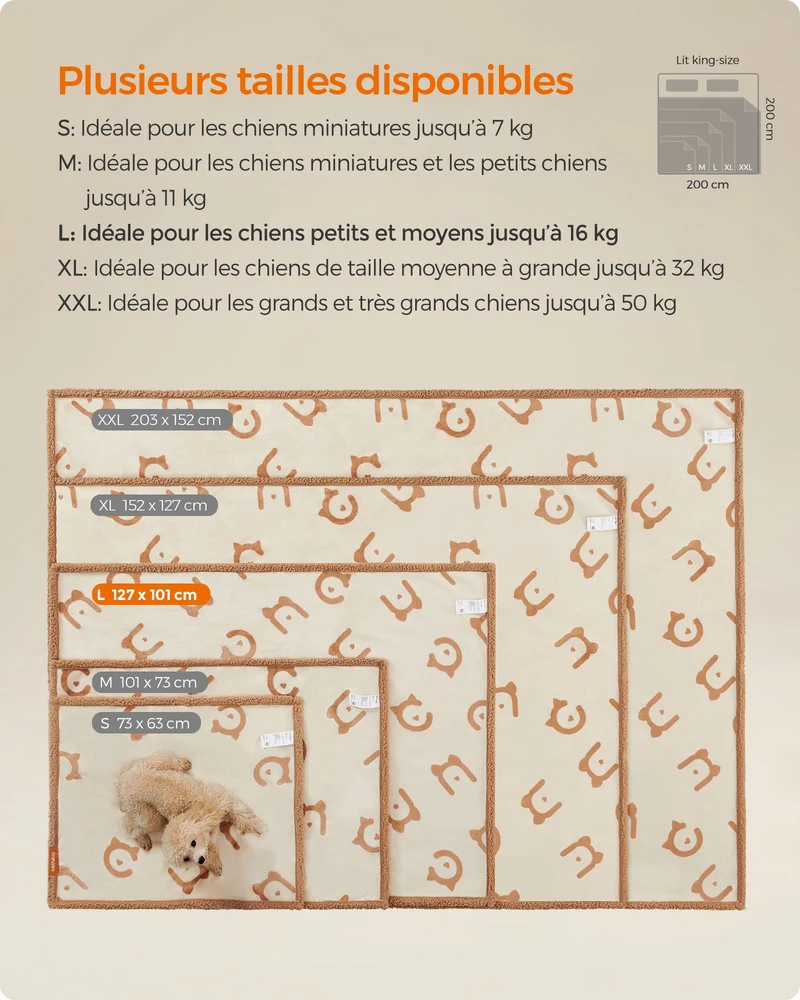 Couverture réversible pour chien petit et moyen 127 x 101 cm protection canapé lit style cosy en tissu polaire beige 12_0011881