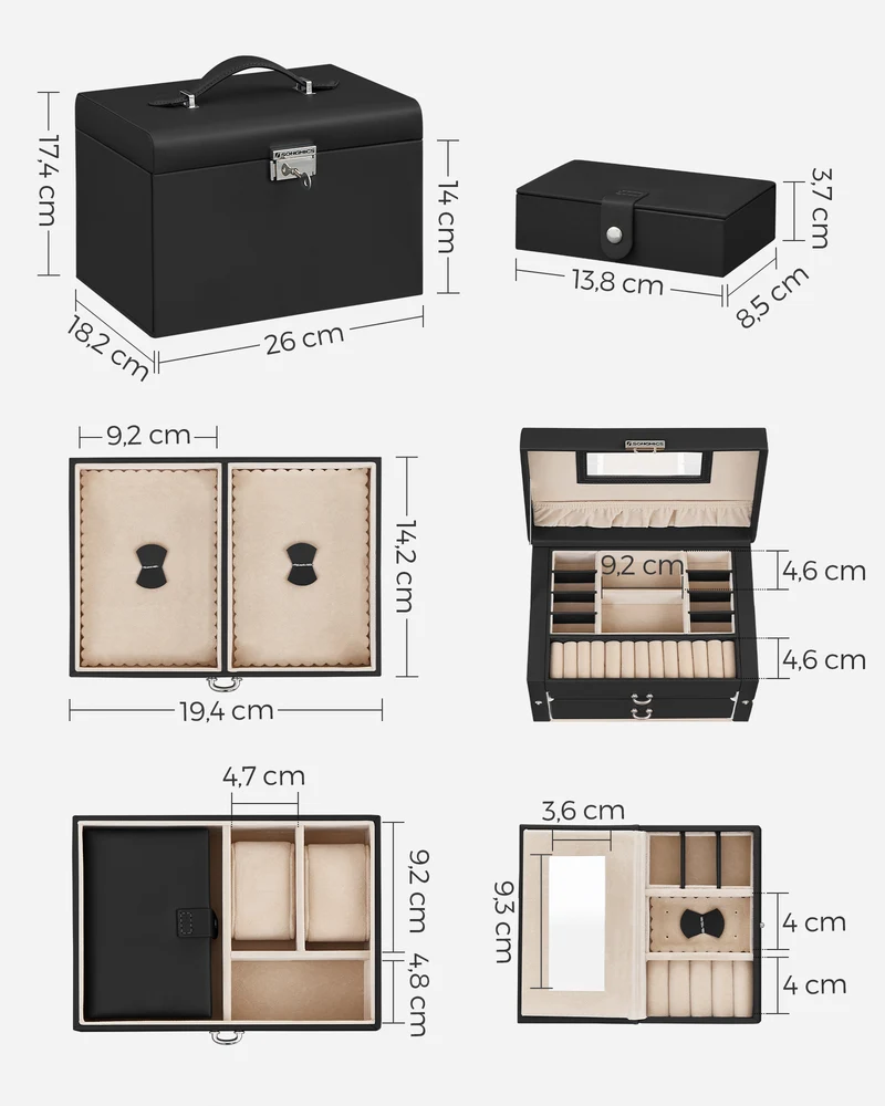Coffret à bijoux avec miroir et 2 tiroirs rangement 25,5 x 18,5 x 17 cm design moderne élégant en MDF noir 12_0008909