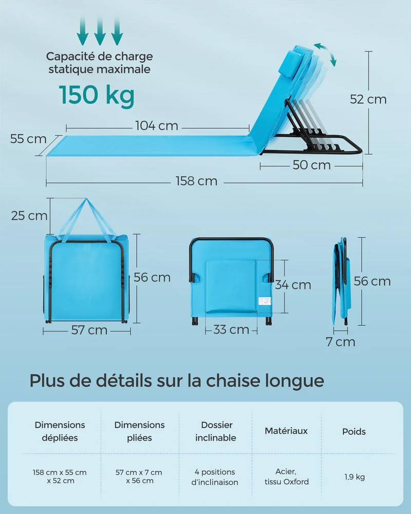 Chaise longue transat de plage bain de soleil dossier inclinable portable avec bandoulières pour camping jardin piscine 158 x 55 cm 12_0004962