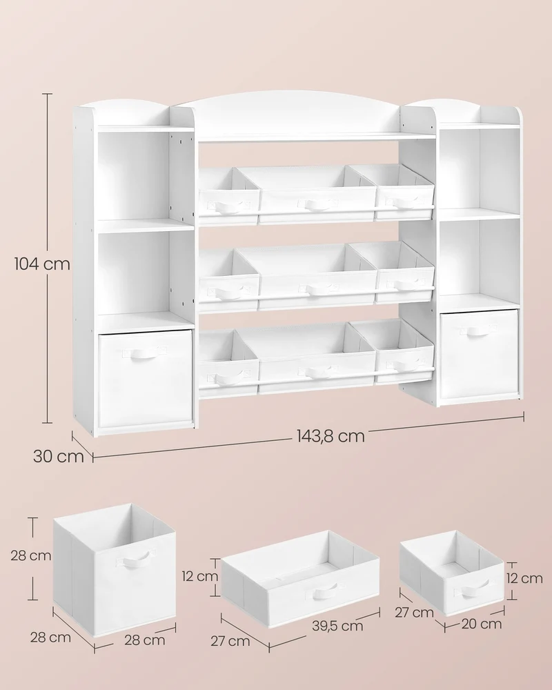 Étagère à jouets design moderne pour chambre d'enfant 30 x 143,8 x 104 cm avec 9 paniers pratiques en MDF blanc 12_0013189