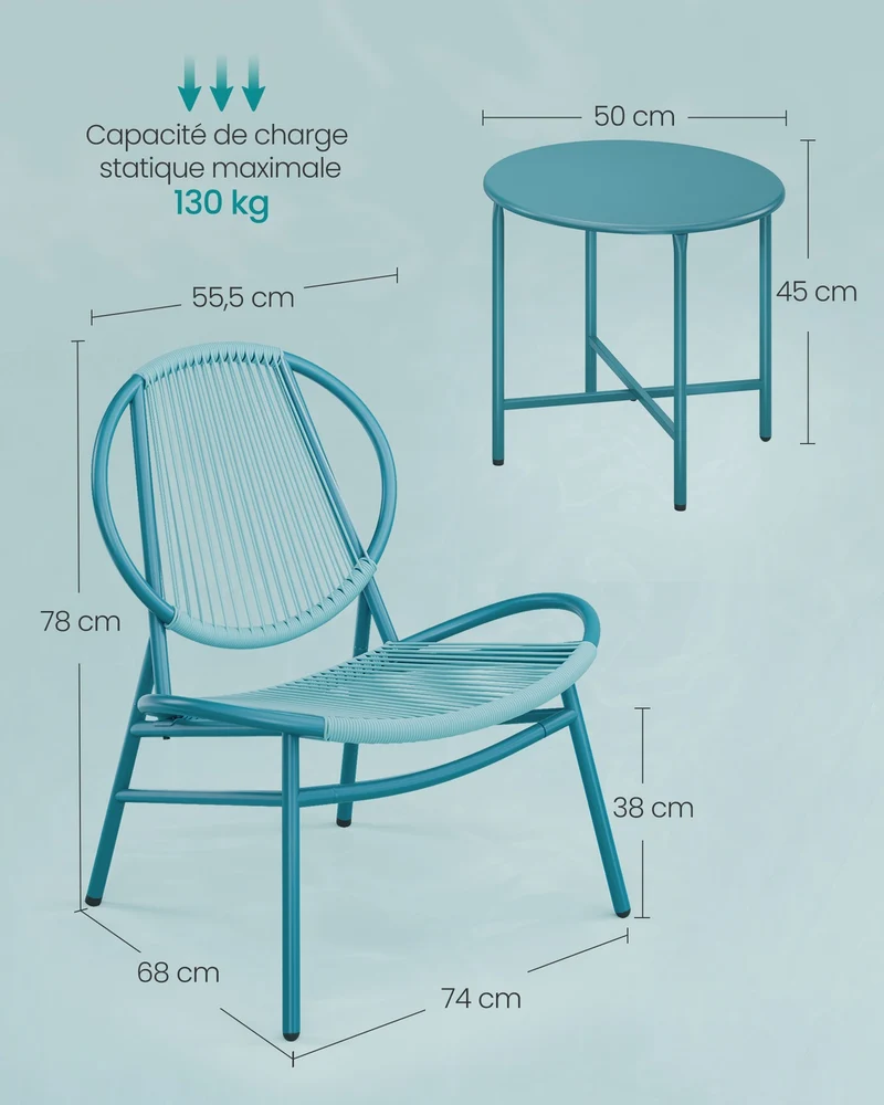 Ensemble de mobilier de jardin 50 x 45 cm pour balcon 3 pièces avec chaises ergonomiques design moderne en PE bleu lac 12_0011352